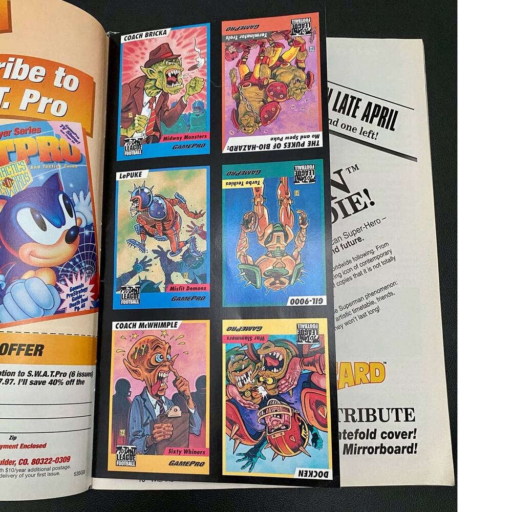 Gamepro Magazine August 1994 With Uncut Mutant League Football Trading Cards